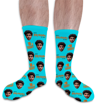 Birthday & Add Their Age Blue Personalised Photo Socks 