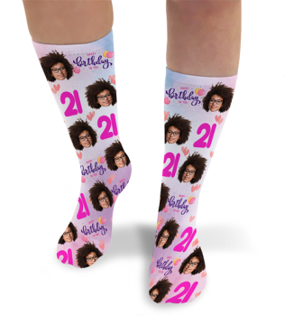 Birthday & Add Their Age Pink Personalised Photo Socks 